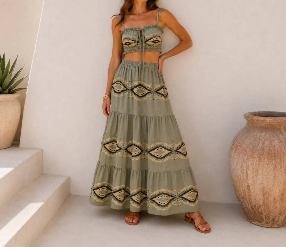 NEW MYSTERY RESORT santorini mosaic maxi skirt set in green